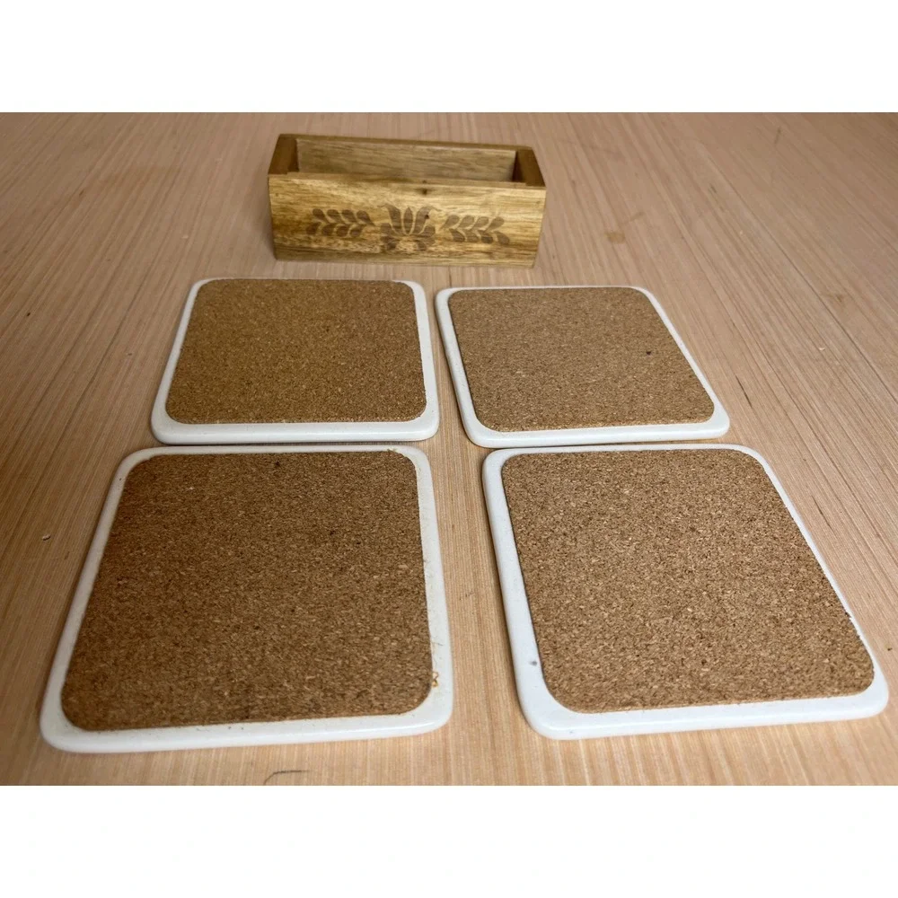 The Pioneer Woman Floral Ceramic Coaster Set of 4 with Engraved Wood Holder Boho